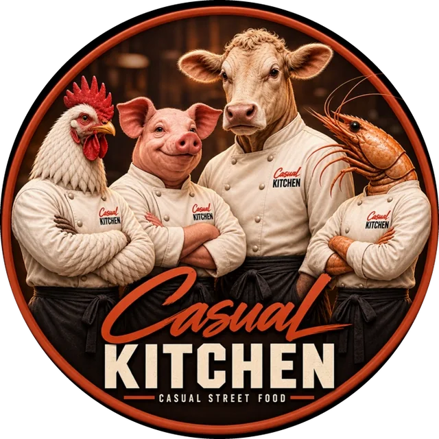 Los cocineros de Casual Kitchen: el pollo, el cerdo, el toro y el langostino